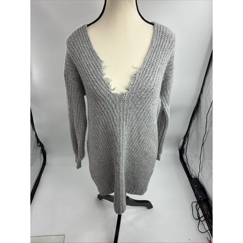 American Eagle Womens S Gray Sweater Deep V Distressed Long Sleeve Knit